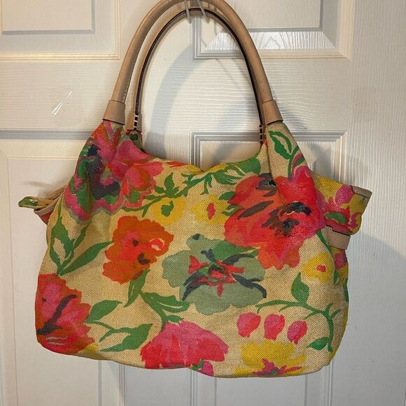 Kate Spade Burlap painted floral prints shoulder bag tan leather straps &trims - Picture 4 of 16
